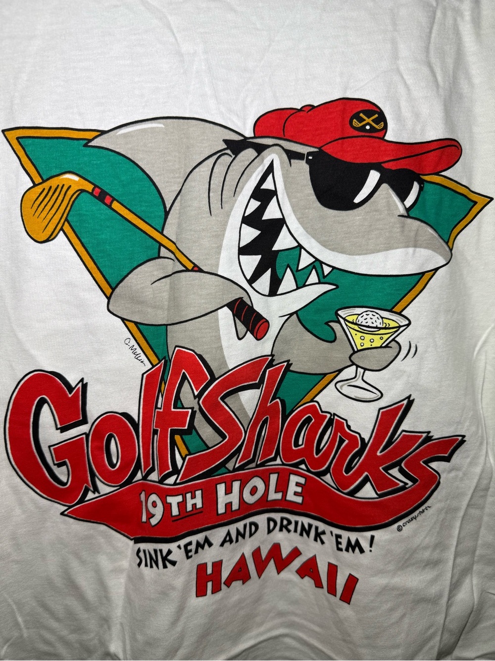 Golf Sharks Hawaii Men's Short Sleeve Tee - White with Red & Teal Graphic